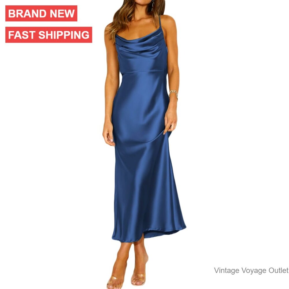 Satin Cowl Neck Backless Midi Dress Spaghetti Strap Ruched Cocktail